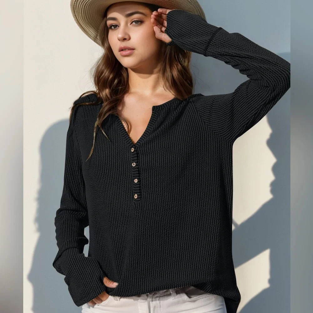 Casual Notched Thumbhole Long Sleeve T-Shirt - Picture 1 of 4